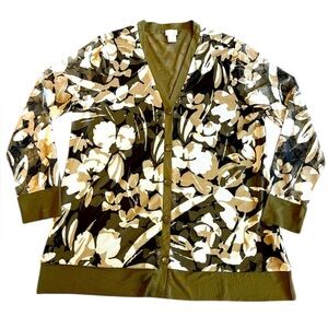 Chico’s Floral Camo-Inspired Sheer Sleeve Button-Front Cardigan – Size 2 (US L)
